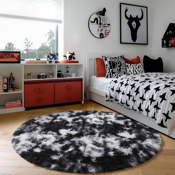 Amdrebio Black White Grey Round Rug 5Ft Circle Area Rugs - Image 3