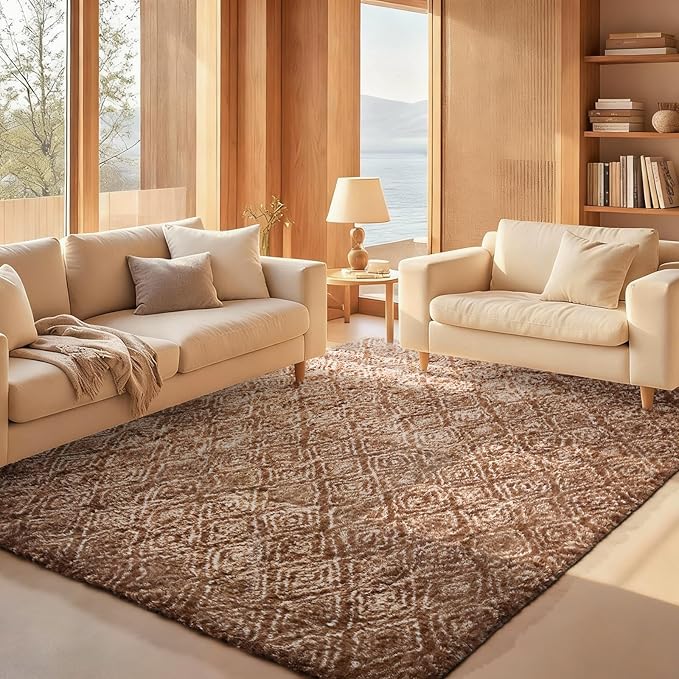 Ophanie 6x9 Brown and White Diamond Striped Rugs by Ophanie