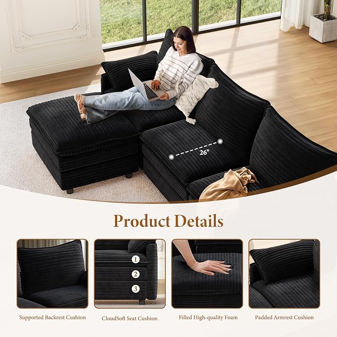Vesgantti 142" U Shaped Sectional Couch, Comfy Cloud Modular Sectional Sofa - Image 4