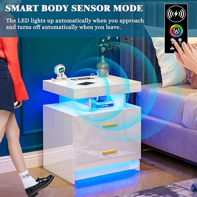 WOOVIVS Night Stand Set 2 with USB/Type-C/Wireless Charging Station, Modern - Image 6