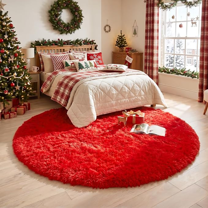 Red Round Circle Rug 6Ft for Bedroom, Large Fluffy Shag Area Rugs for Kids Room - Image 7