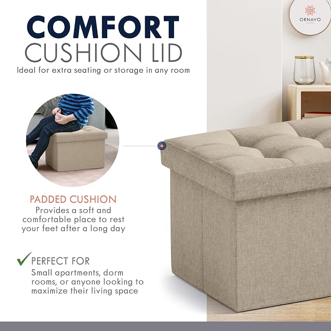 Ornavo Home Small Storage Ottoman Foldable Collapsible Rectangle Linen Ottoman - Image 6