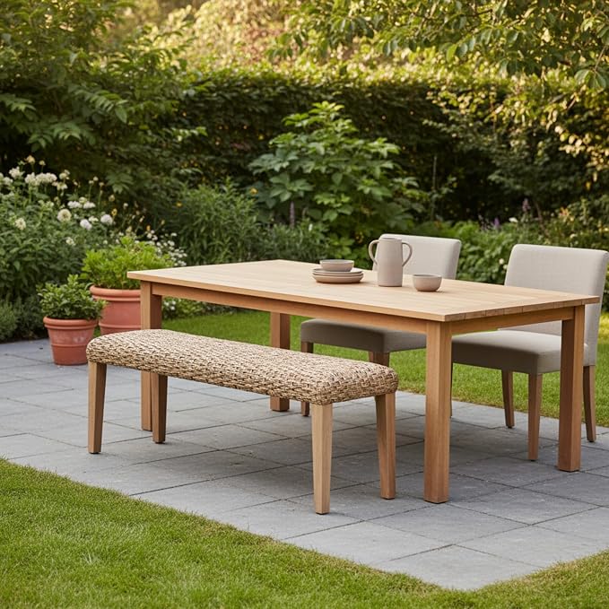 Outdoor Backless Bench, All-Weather Wicker & Solid Acacia Wood, Premium Garden - Image 7