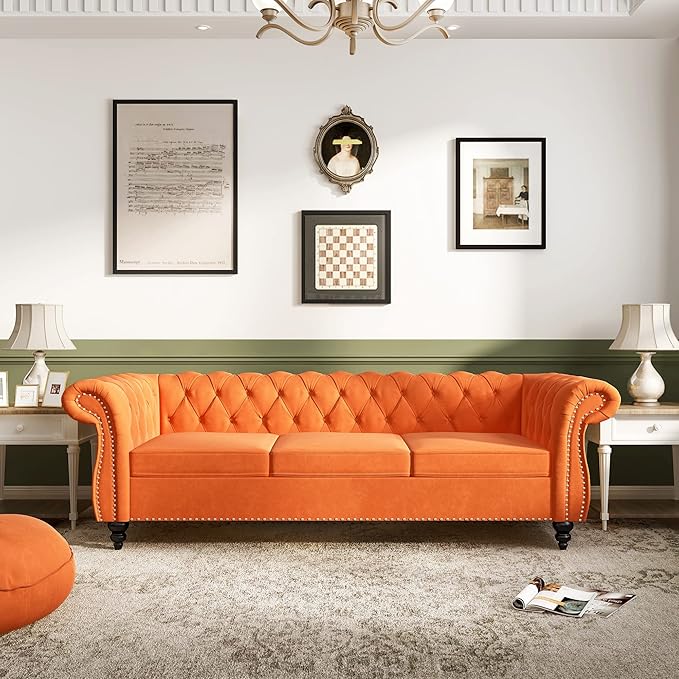 ORRD 2 Piece Living Room Set, Velvet Chesterfield Sofa Loveseat Couch - Image 4