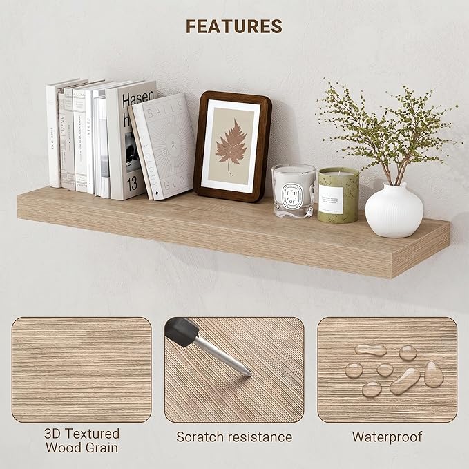 Acovy 40 Inch Floating Shelves, 3D Textured Wood Grain, Wooden Shelves - Image 4