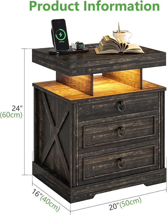 HNEBC Nightstand with Gun Drawers, LED Farmhouse Night Stand with Charging - Image 2