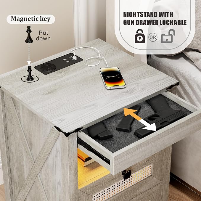 Grey Night Stand Set 2 with Gun Drawer, Bedside Table with Charging Station - Image 3