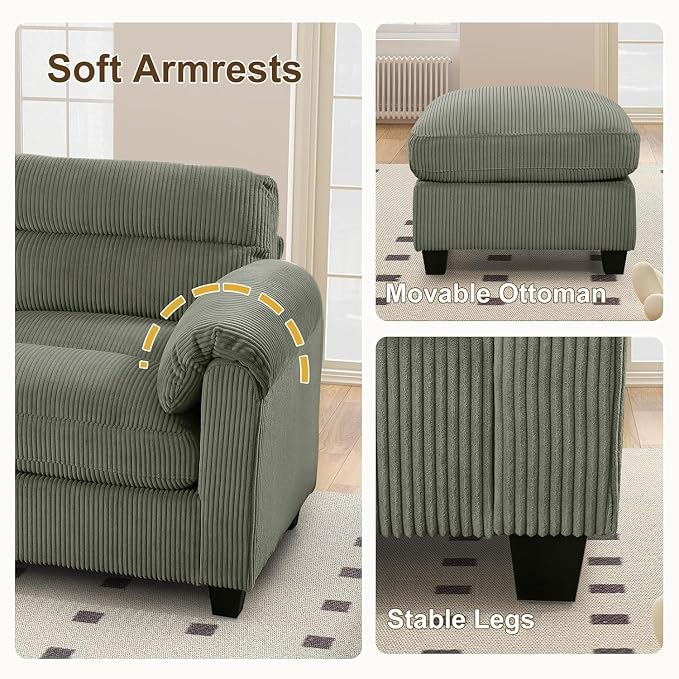HAOMARKETS Corduroy 4-Piece Sofa Set, Upholstered Ottoman Set of 2, Loveseat - Image 4