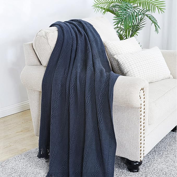 BOURINA Navy Throw Blanket 50x60 Inches Throw Textured Solid Soft Sofa Throw - Image 3