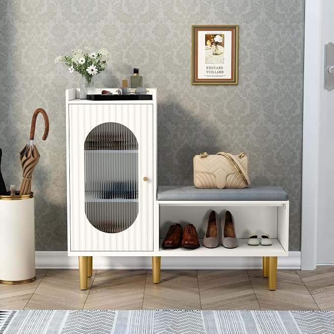 HLR Storage Bench with Glass Door&Shelf, Modern Entryway Shoe Cabinet Bench by HomeDeservesaRelaxLiving