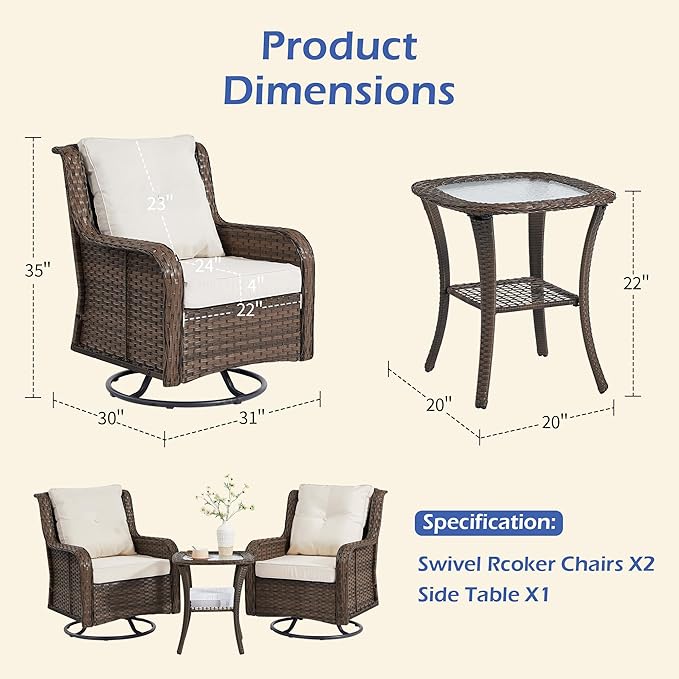 Wumiokio Patio Furniture Sets, 3 Pieces Wicker Outdoor Furniture - Image 3