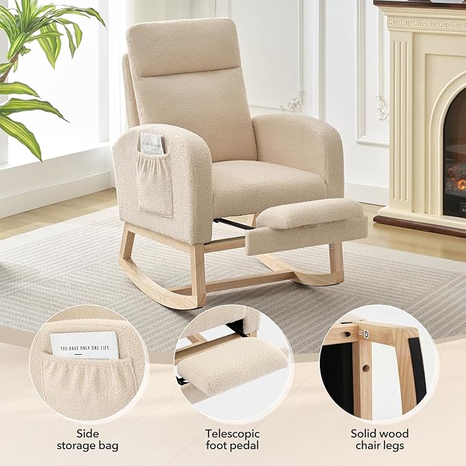 Nursery Rocking Chair with Foot Rest, High Back Upholstered Glider Rocker Chair - Image 5