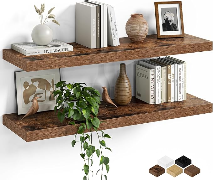 Fun Memories Floating Shelves for Wall, 30 Inch Set of 2 Rustic Wood Wall by FunMemories