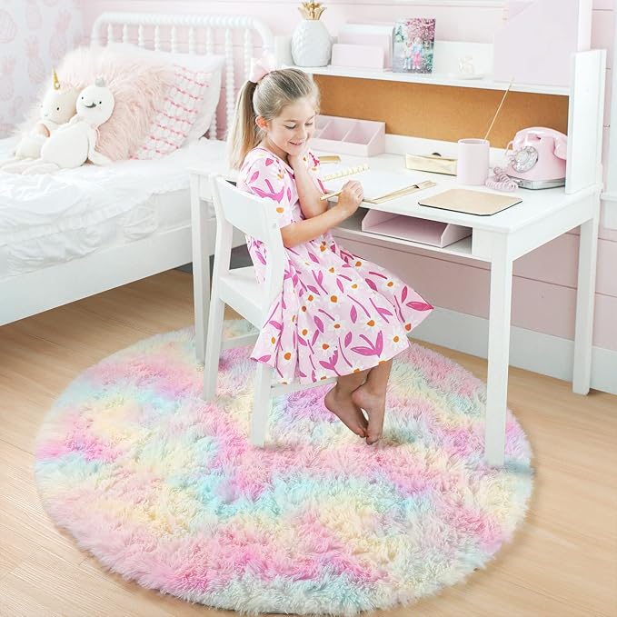 Amdrebio Rainbow Fluffy Round Rug 4Ft Kids Rugs - Image 8
