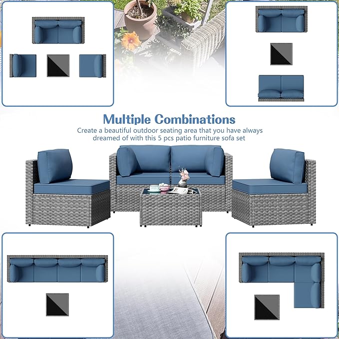 Patio Furniture Sets, 5 Piece Outdoor Sectional Sofas, Wicker Rattan Outdoor - Image 5