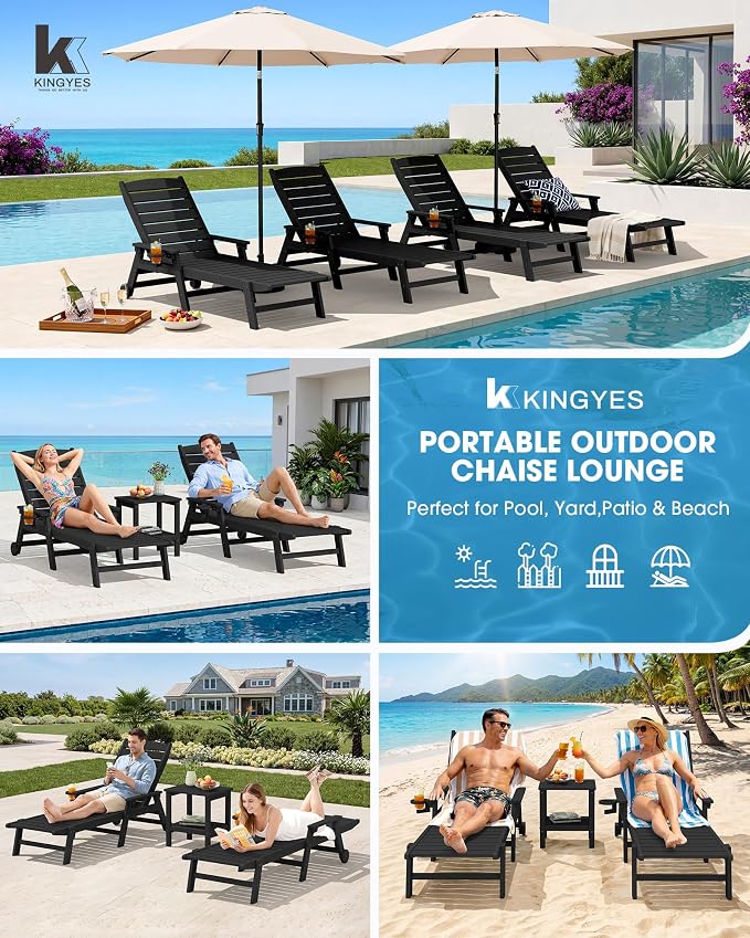 KINGYES HDPE Lounge Chair Outdoor Set of 2, Patio Chaise Lounge Recliner - Image 8