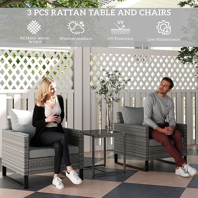 Outsunny 3 Pieces Patio Furniture Set, Wicker Conversation Bistro Set - Image 3