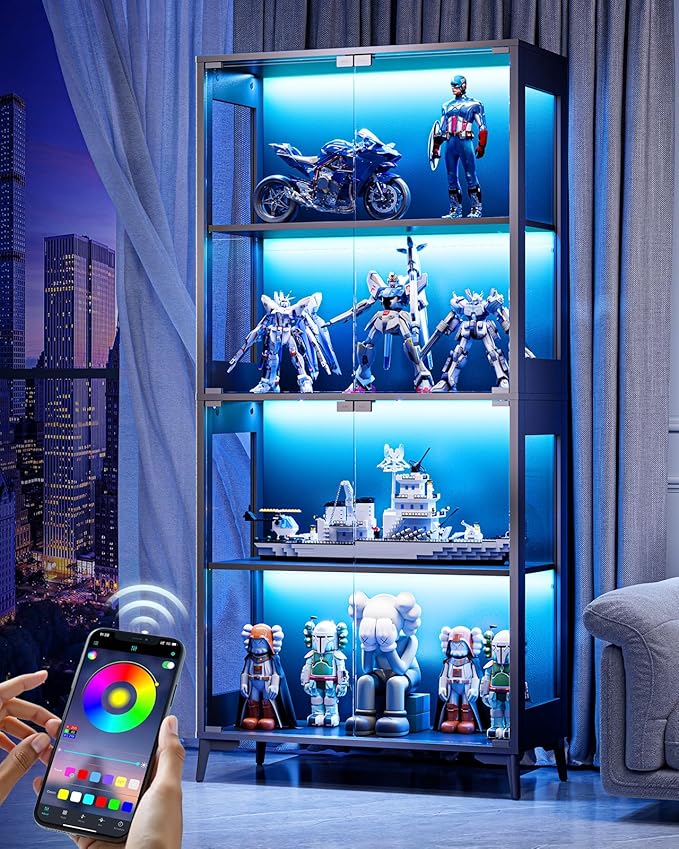 Glass Display Cabinet with Doors, 4-Tier Display Case with Adjustable Shelves by Unknown
