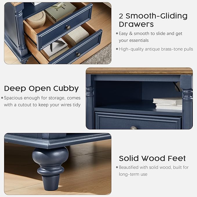 T4TREAM 24'' Farmhouse End Table w/4 Solid Wood Feet, Large 2 Drawers Wide Sofa - Image 5