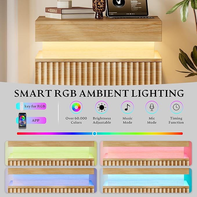 Xixini Nightstand with Charging Station and LED Lights, Fluted Night Stand with - Image 4
