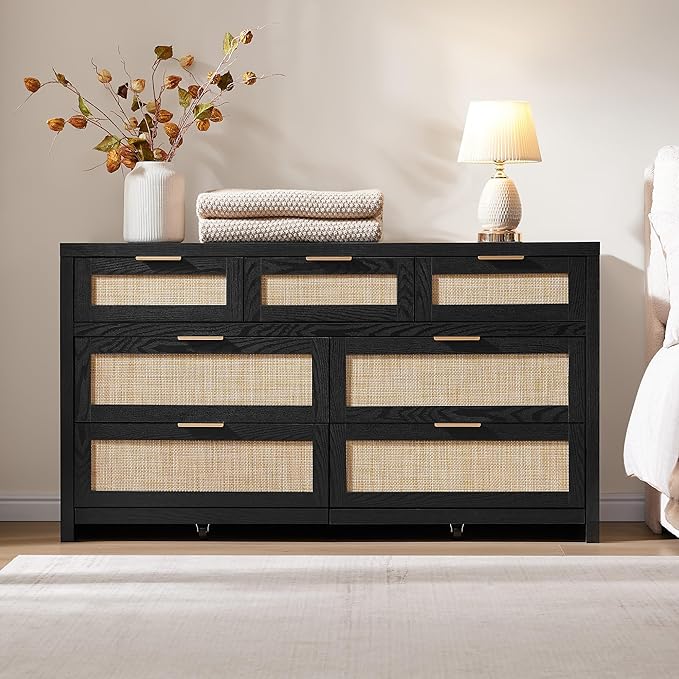 SICOTAS 7 Drawer Dressers for Bedroom Set 2, Long Rattan Dresser, Dresser TV - Image 4