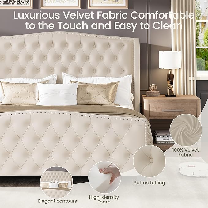LARMACE Queen Size Bed Frame Velvet Upholstered Platform Bed - Image 3