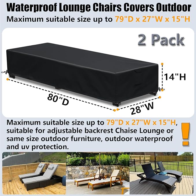 Waterproof Patio Lounge Chair Cover 2 Pack Outdoor Chaise Lounge Covers 600D - Image 2