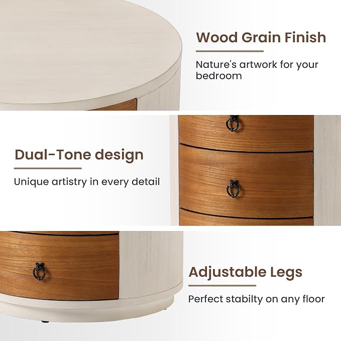 HOMPUS Round 3 Drawer Nightstand Set 2, Farmhouse Chest of Drawers, No Assemble - Image 5