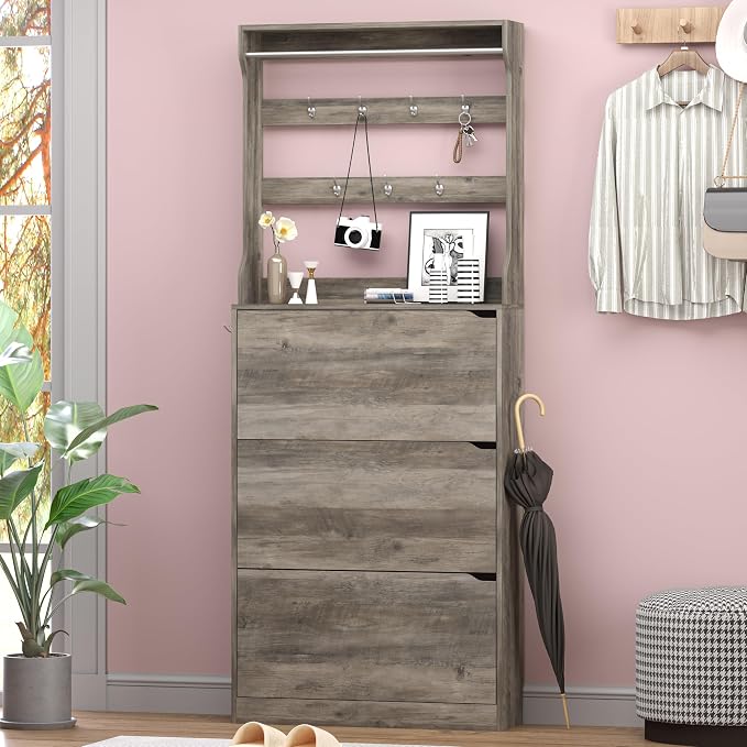 BORNOON Shoe Cabinet with 3 Flip Drawers & Coat Rack, Narrow Hidden Shoe - Image 3