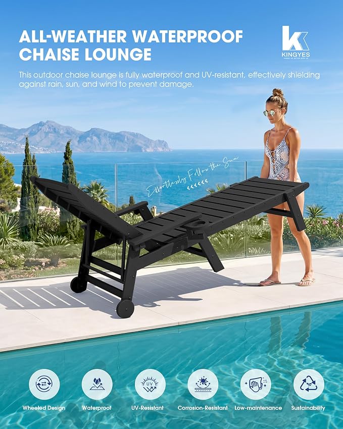 KINGYES HDPE Lounge Chair Outdoor Set of 4, Patio Chaise Lounge Recliner - Image 6