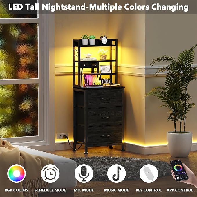 Furnulem Tall Night Stand with 3 Fabric Drawers and LED Lights, Nightstand with - Image 4