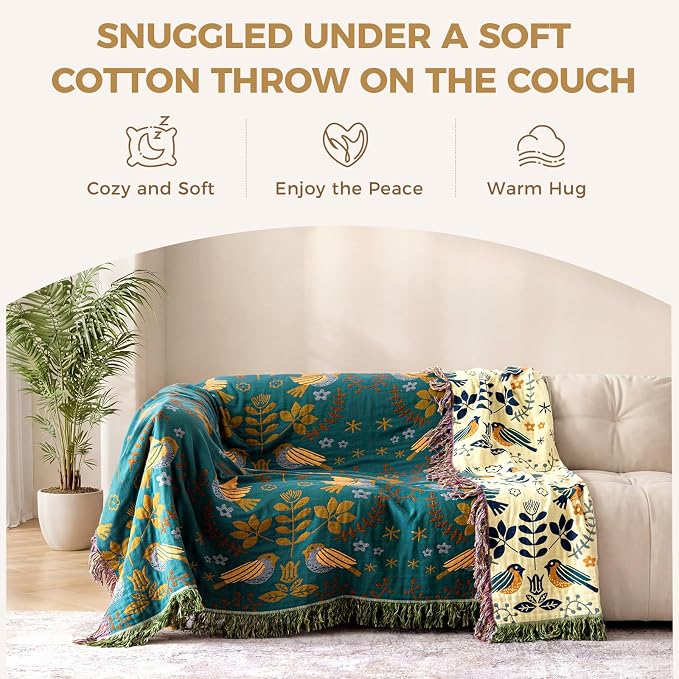 LUTBM Queen Throw Blanket for Bed 100% Cotton Boho Soft Quilt Birds and Floral - Image 3