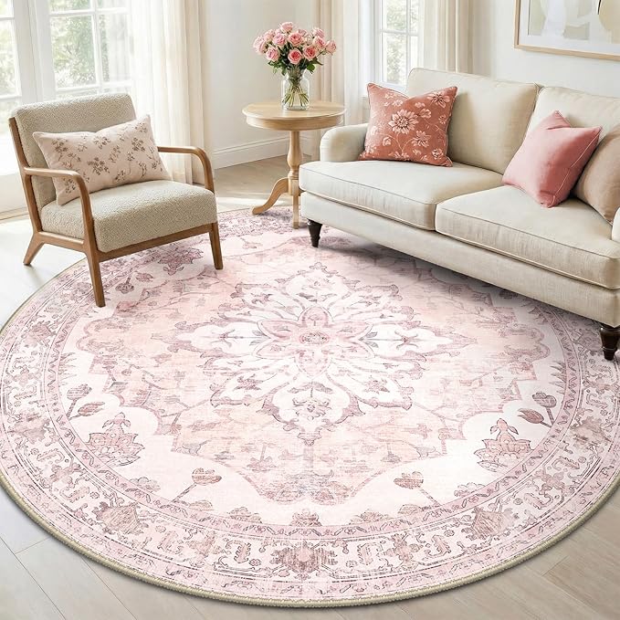 RELEANY Area Rugs Round 6ft Washable Non-Slip, Floral Vintage Distress Print by RELEANY