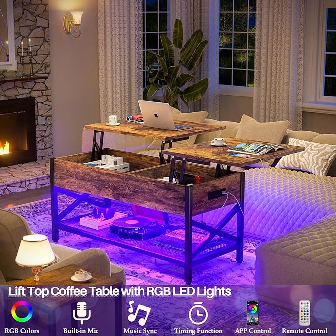 Aheaplus Coffee Table with LED Light and Power Outlet, Modern Lift-Top Center - Image 3