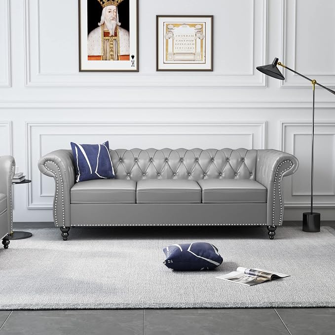 ORRD 2 Piece Living Room Set, Chesterfield Leather Sofa Loveseat Couch Chair - Image 3