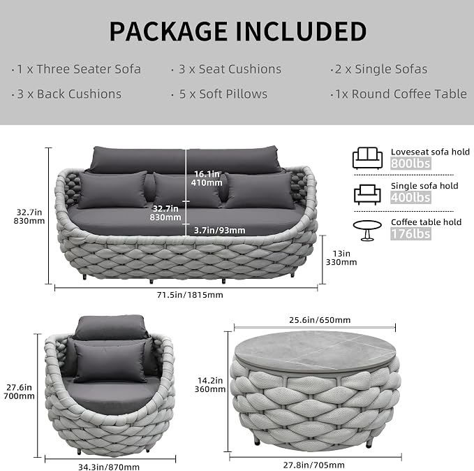 TWT Aluminum Patio Furniture Set Three Seater Sofa Outdoor Furniture Set - Image 5