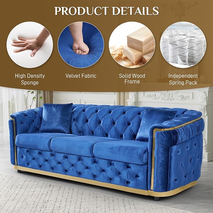 DAMAIFROM Luxury Velvet Couch Set Blue and Gold Sofa, Mid Century Modern - Image 3