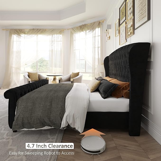 AMERLIFE Queen Size Platform Bed Frame, Velvet Upholstered Sleigh Bed - Image 6