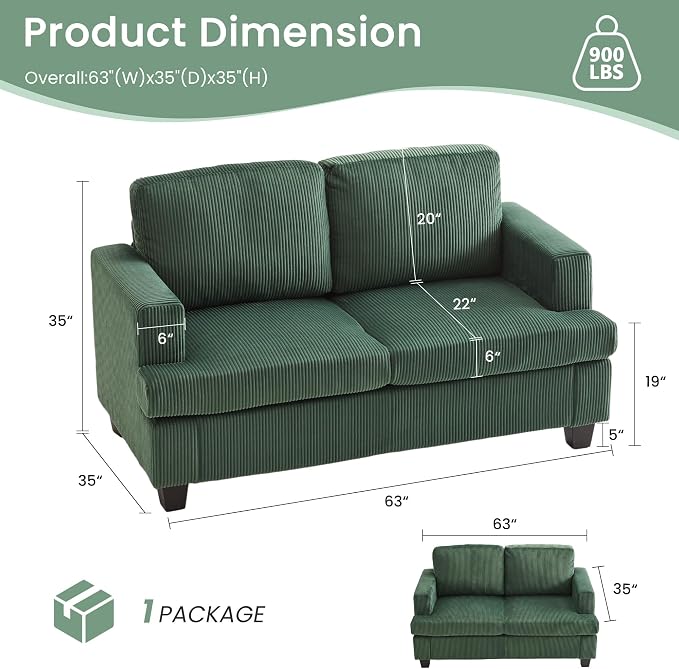 YOUDENOVA Sofa, 63” Comfy Loveseat Sofa - Image 2