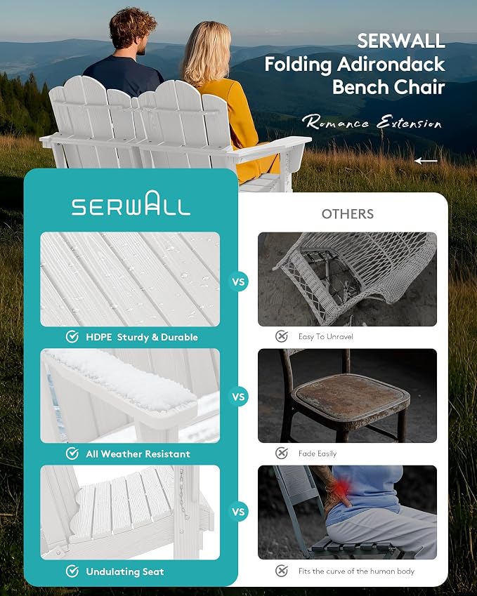 SERWALL 3 Pieces Patio Adirondack Bench Set, 2 Folding Adirondack Bench & 1 - Image 6