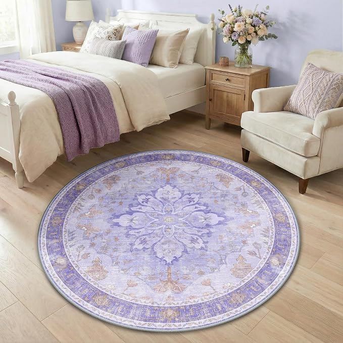 RELEANY Area Rugs Round 4ft Washable Non-Slip, Floral Vintage Distress Print - Image 3
