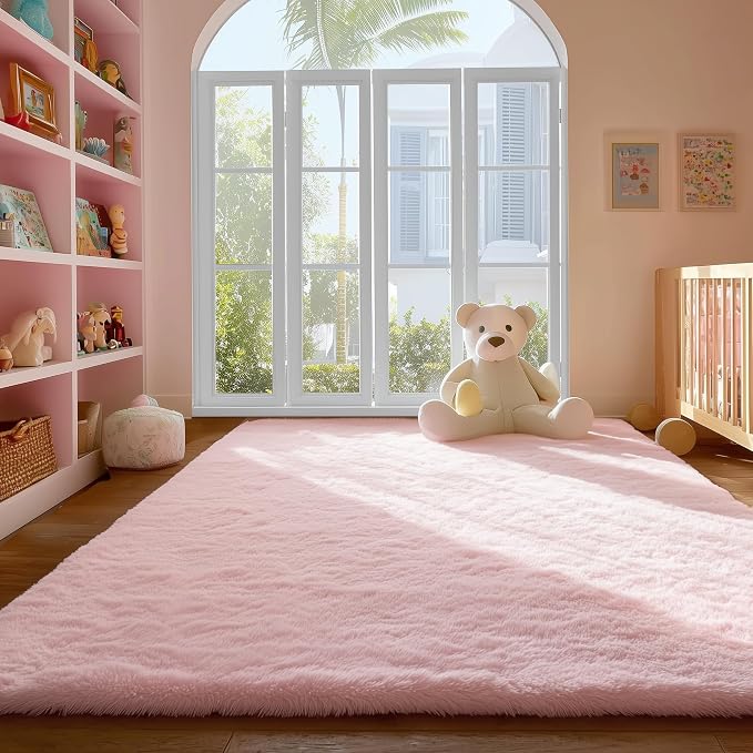 PAGISOFE Pink Fluffy Plush Area Rug 5x8, Kids Shag Rugs - Image 3