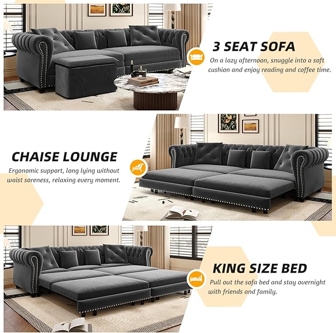 89" Velvet Pull Out Sofa Bed - Image 3