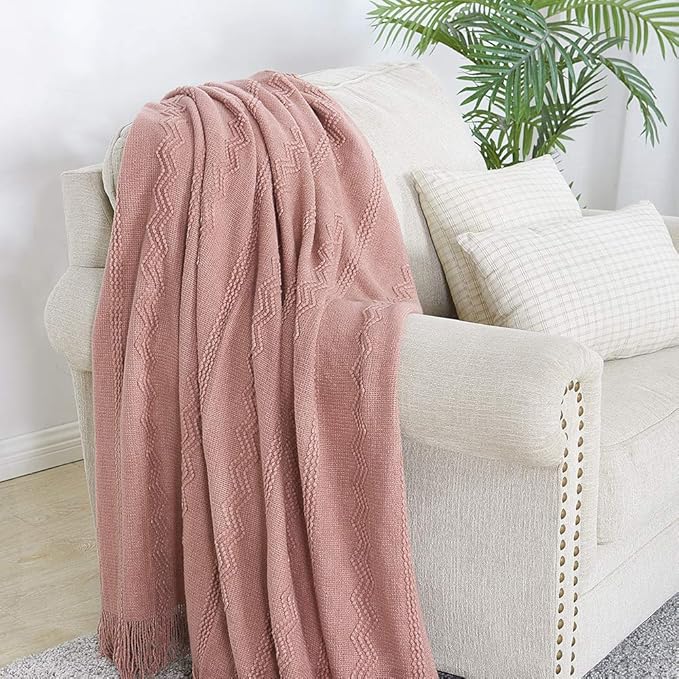 BOURINA Coral Pink Throw Blanket 50x60 Inches Throw Textured Solid Soft Sofa - Image 2
