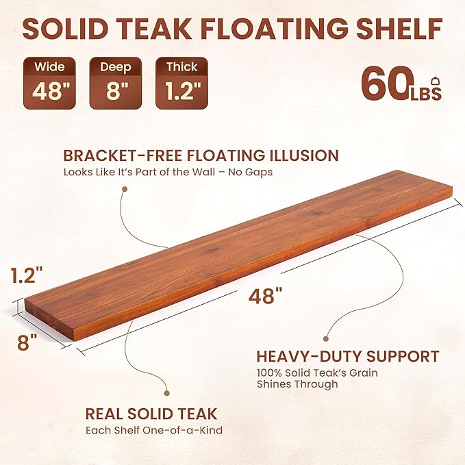 48" Solid Teak Floating Wall Shelf - Image 3