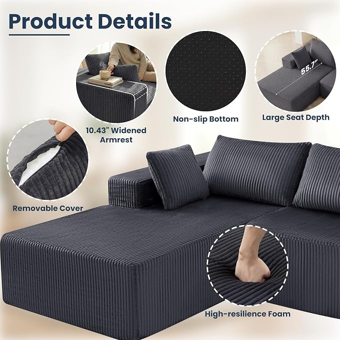 DUMOS 108" Boneless Couch, Cloud Sectional Couch - Image 5