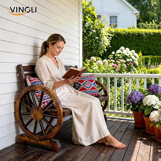 VINGLI Rustic Wooden Wheel Bench Outdoor Bench, Patio Bench Wagon Slatted Seat - Image 2