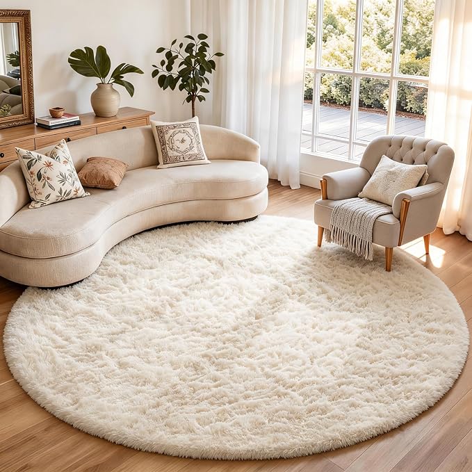 Ophanie Round Rugs 8Ft Ivory Circle Area Rug, Aesthetic Room Decor, Fluffy by Ophanie