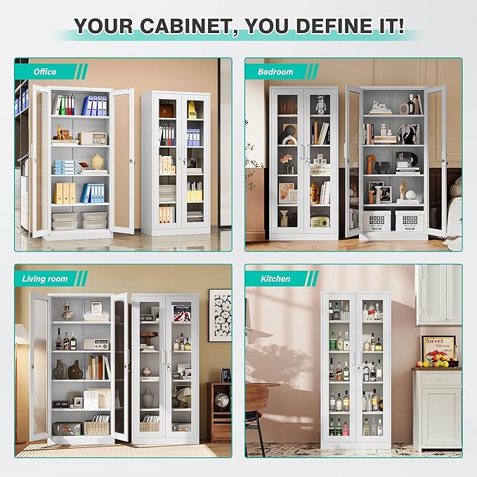 Metal Storage Cabinet with Lock and Glass Doors, Locking Curio Cabinets with 5 - Image 4