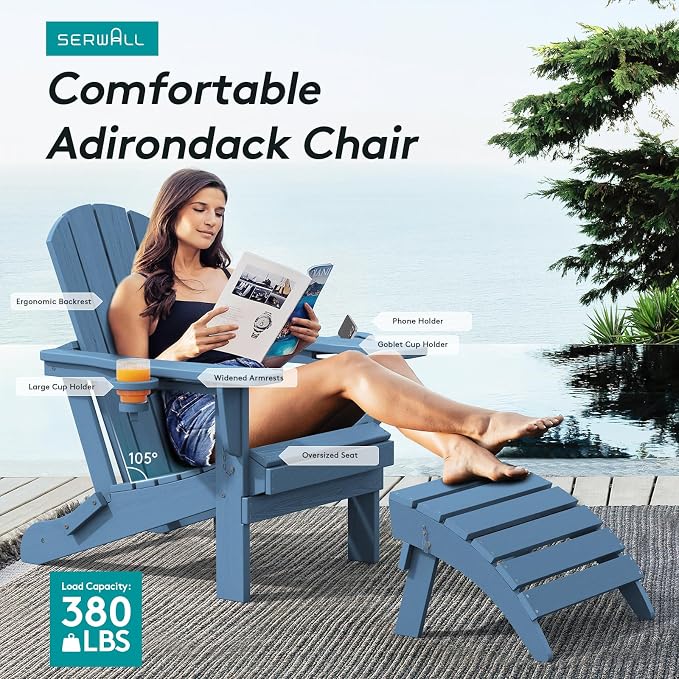 SERWALL Folding Adirondack Chair, HDPE Adirondack Chairs Set of 2, Plastic - Image 5